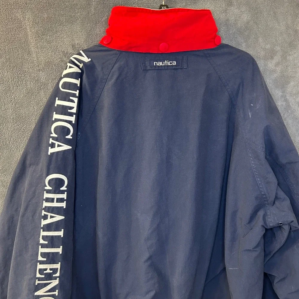 VTG 90s Nautica Challenge J-Class Sailing Jacket Navy Red XXL Hooded Windbreaker